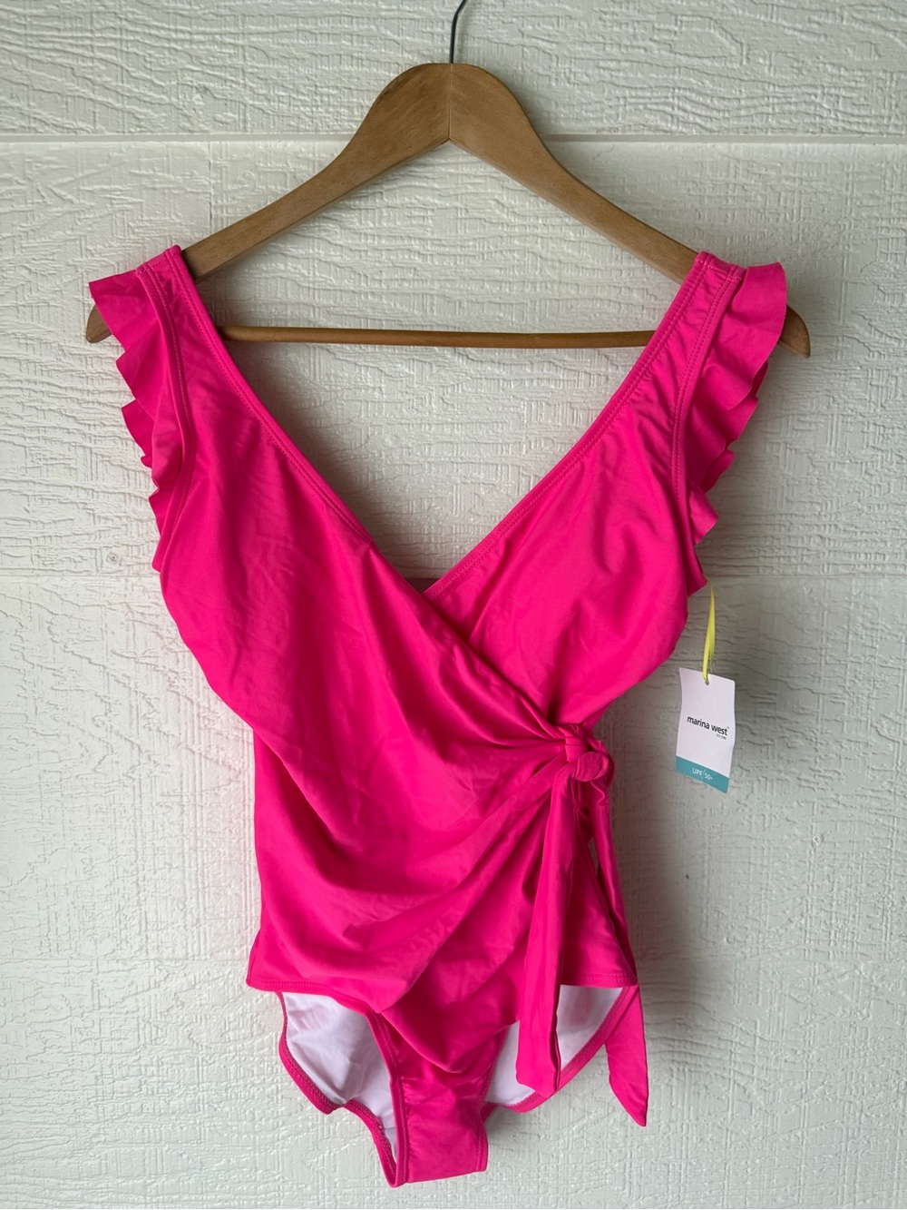 Marina West Hot Pink One Piece Swimsuit Ruffle Wrap Front NWT Size S
